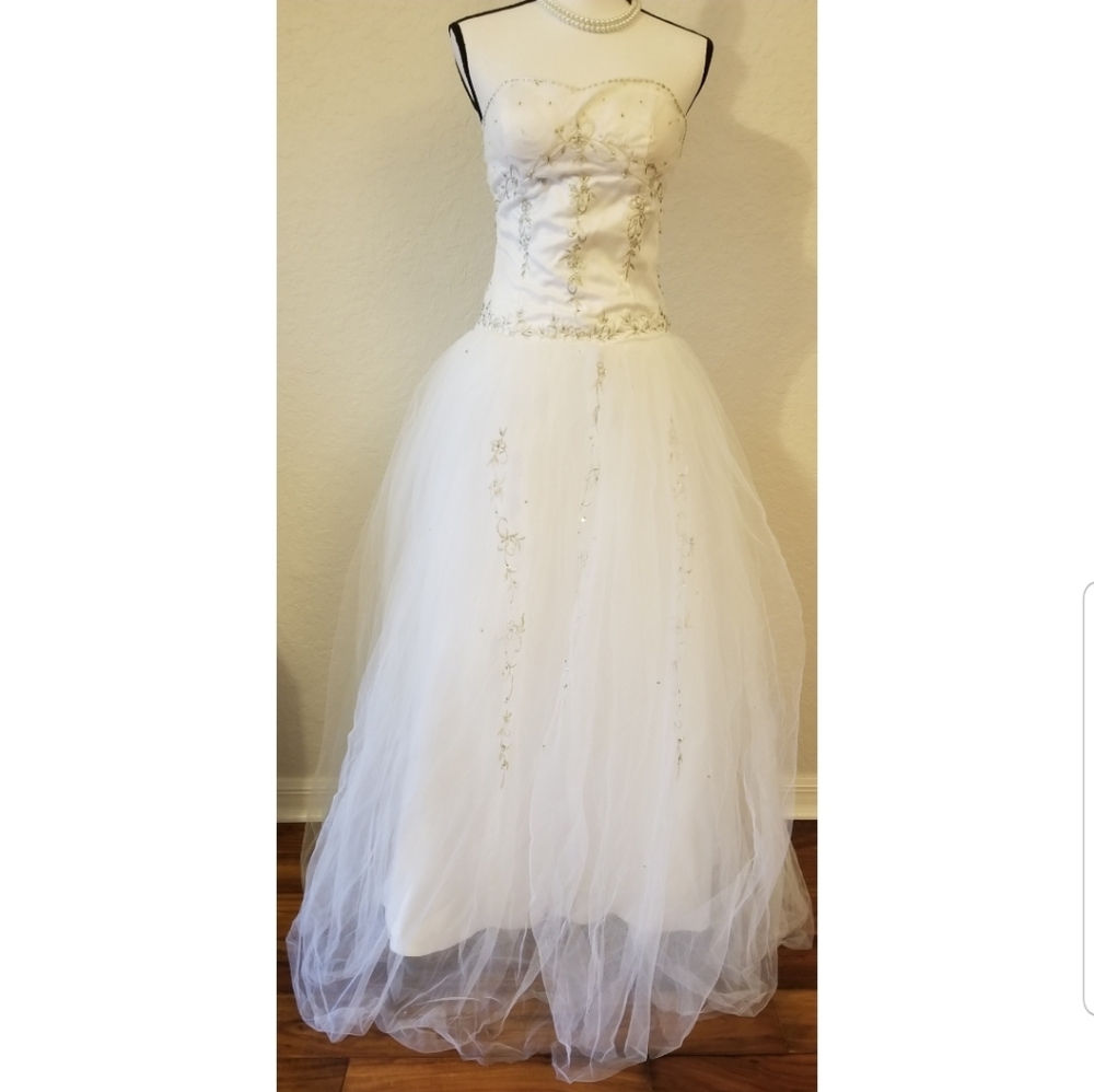 White Strapless Beaded Ball Gown